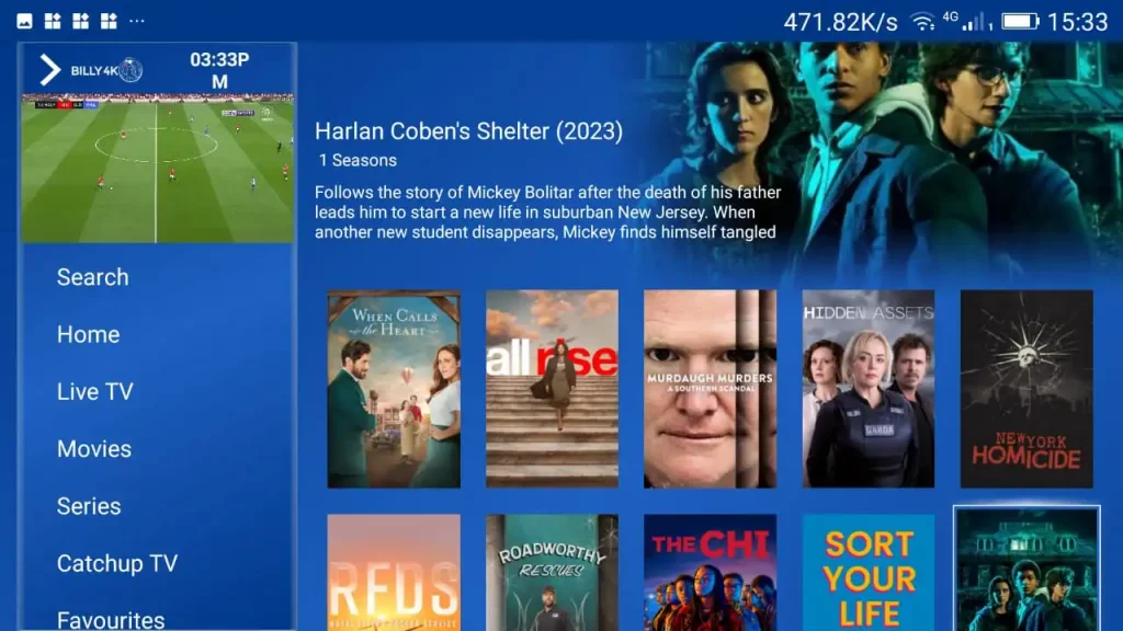 IPTV USA app showing TV series movies and live TV channels